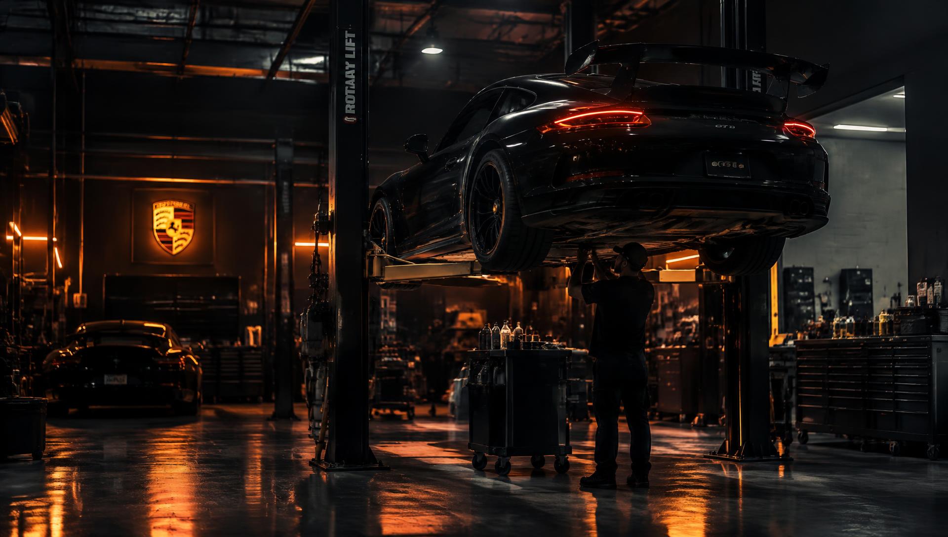 Mașină sport pe elevator în atelierul NOVA Garage